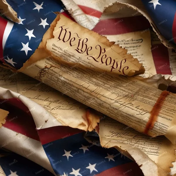 A rolled, aged parchment displaying the words "We the People" rests atop a larger document, both surrounded by a partially visible American flag. The parchment edges appear burned and weathered.