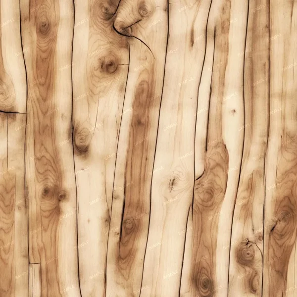 Close-up of a wooden surface with a natural pattern of knots and grain in various shades of beige and brown, showing distinct vertical lines and textures.