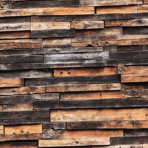 A rustic wooden wall composed of variously sized and toned horizontal planks, creating a textured and weathered appearance. The wood features natural knots, grain patterns, and a mix of dark and light brown shades.