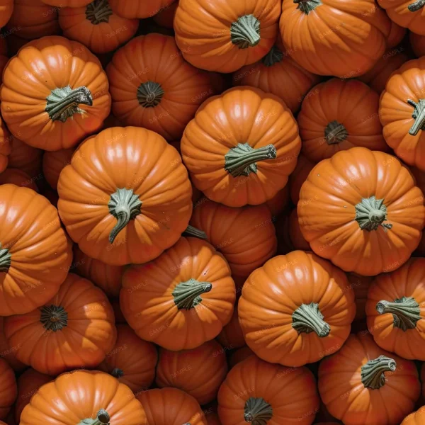 A close-up view of several orange pumpkins with green stems, closely packed together, filling the entire frame.