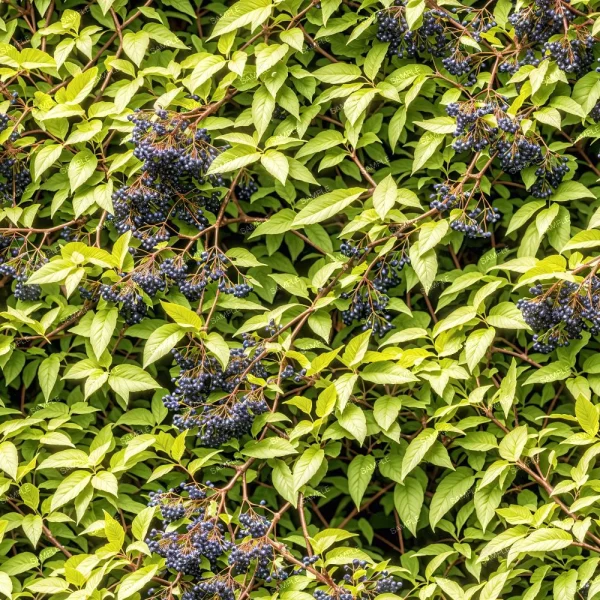 A dense foliage of green leaves covers the image, interspersed with clusters of small, dark blue berries. The bright green leaves contrast with the dark berries, creating a vibrant natural pattern.