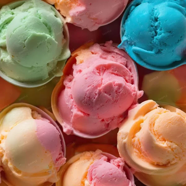 Scoops of colorful ice cream arranged closely together. The flavors include blue, pink, orange, and green, each in a rounded scoop.