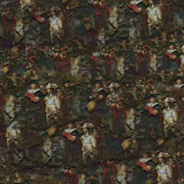 A repeating pattern depicting a historical scene with people in period clothing, featuring soldiers and civilians. The image has a dark, muted color palette with details of armor, hats, and banners.