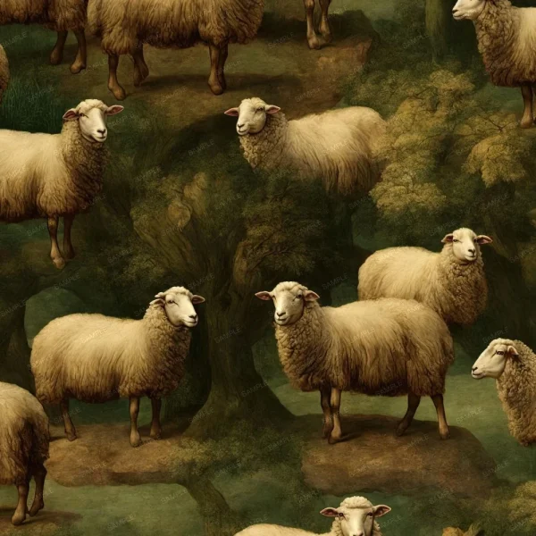 A seamless pattern featuring multiple sheep standing on grassy terrain with trees in the background. The overall tone is natural and earthy, with sheep distributed evenly throughout the image.