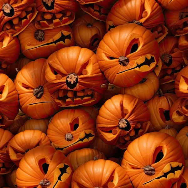 A pile of carved pumpkins with various expressions, such as smiling, frowning, and snarling. Each pumpkin features a similar carved face with triangle eyes, a sharp nose, and a jagged mouth, creating a cohesive yet diverse Halloween display.