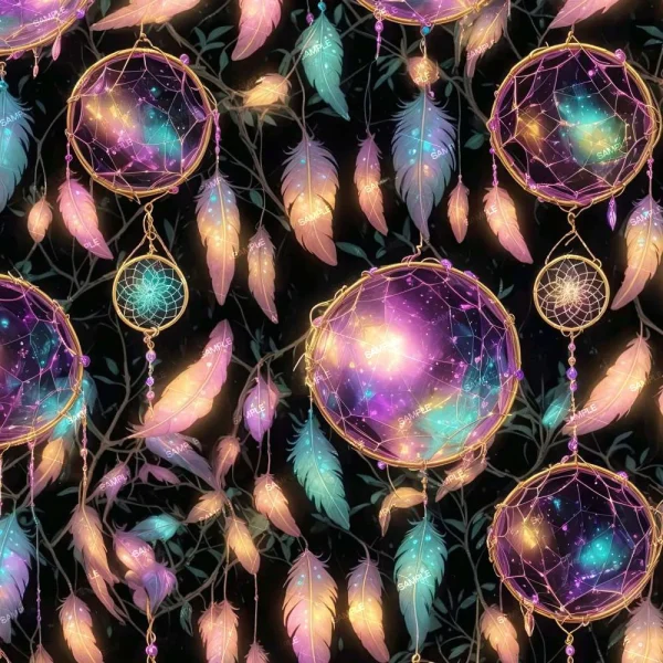 The image features a seamless pattern of colorful dreamcatchers and feathers against a dark background. The dreamcatchers display radiant hues of purple, blue, and yellow, while feathers appear in shades of pink, teal, and orange.