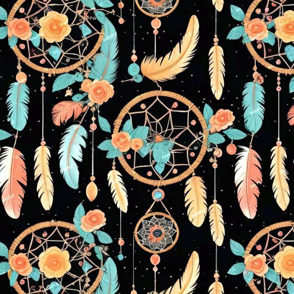 A seamless pattern featuring ornate dreamcatchers adorned with light blue and yellow feathers, roses, and leaves on a black background. Dreamcatchers are decorated with floral and bead elements.