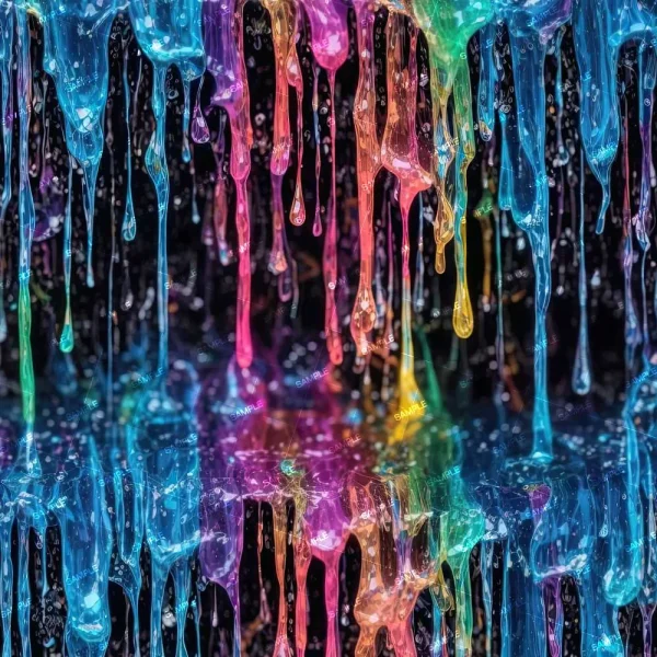 Colorful liquid drips in vibrant shades of blue, purple, pink, orange, and green against a dark background, creating a vivid and dynamic abstract pattern.