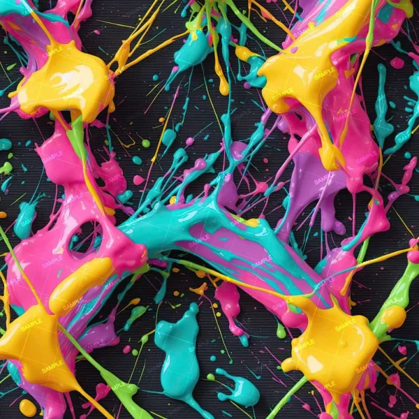 Colorful paint splatters in pink, yellow, blue, and green intersect on a dark background, creating a dynamic and vivid abstract pattern.