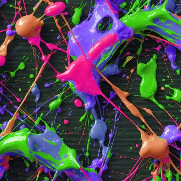 A vibrant abstract image featuring splashes of bright pink, purple, green, and orange paint. The paint appears to be poured and splattered across each other on a dark background, creating a dynamic and colorful composition.