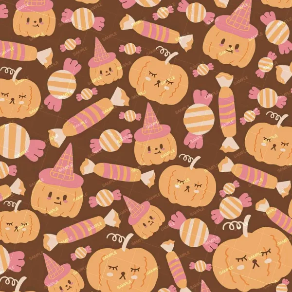 A pattern featuring cute jack-o'-lanterns wearing witch hats, surrounded by various striped and wrapped candies, all set against a brown background. The design has a whimsical and festive Halloween theme.