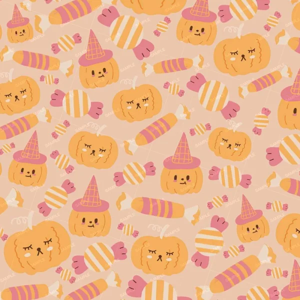 A seamless pattern of cute, cartoon-style pumpkins wearing witch hats and various candy pieces on a soft beige background. The pumpkins have playful expressions, and the candies are striped in orange, pink, and white.