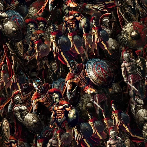 A dense collage of ancient warriors wearing helmets, armor, and red cloaks, wielding swords and shields. The image is filled with overlapping figures, creating a crowded and dynamic scene.