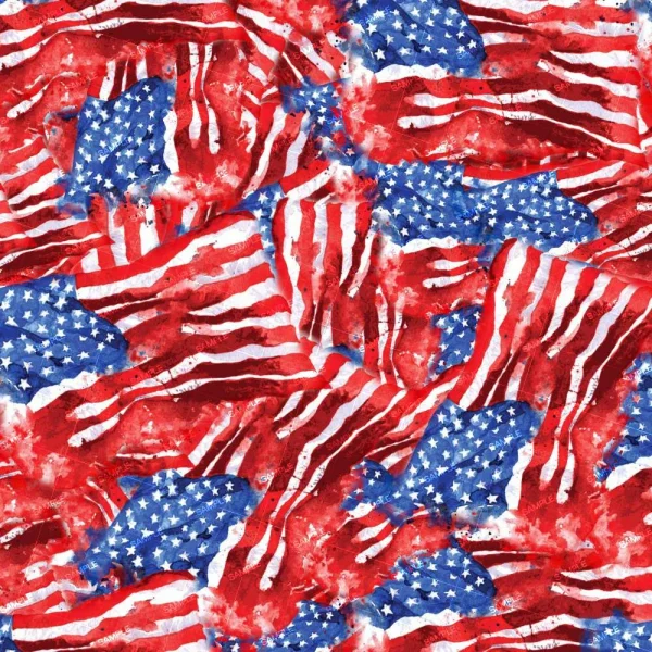 A collage of American flags features overlapping red and white stripes with blue sections containing white stars. The arrangement creates a vibrant and patriotic pattern, with colors blending artistically.