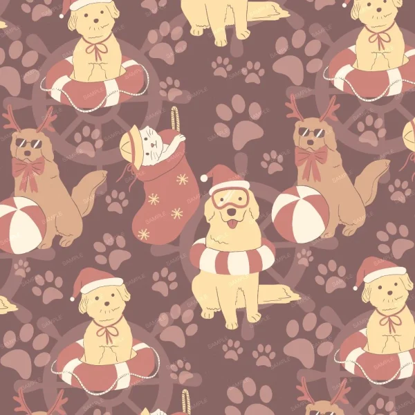 Pattern of cartoon dogs wearing Santa hats and sunglasses, some with reindeer antlers or float rings, set against a brown background with paw prints and a holiday theme.
