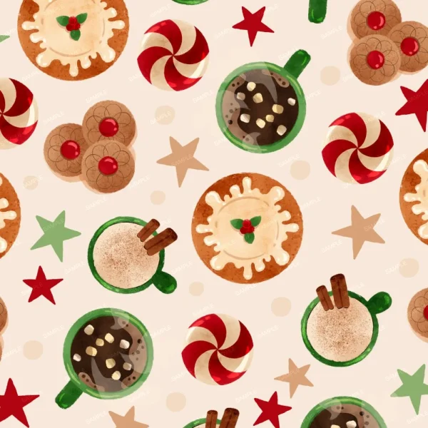 A festive pattern featuring mugs of hot chocolate with marshmallows, cups of cappuccino with cinnamon sticks, assorted cookies, and red and green peppermint candies. Accented with red and green star shapes on a light beige background.