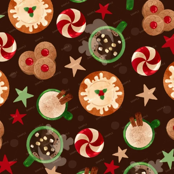 A pattern of holiday-themed illustrations featuring slices of pie, mugs of hot chocolate with whipped cream, peppermint candies, and gingerbread cookies against a dark background. Red, green, and beige stars are interspersed throughout the design.