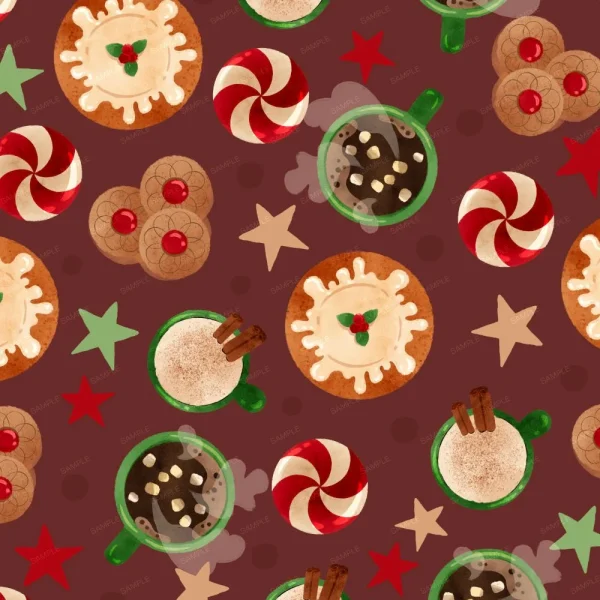 Seamless pattern with festive treats on a maroon background. Includes mugs of hot chocolate, cookies with cherries, peppermint candies, gingerbread cookies, and cinnamon sticks. Red, green, and beige stars are scattered throughout.