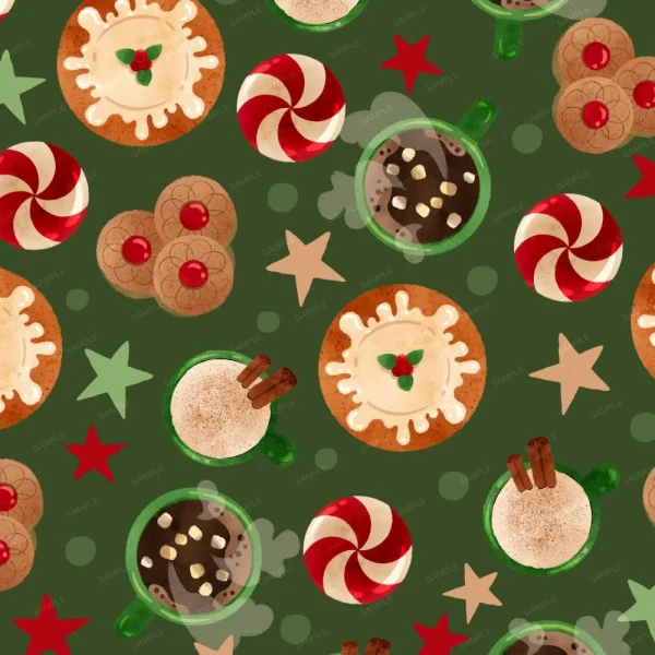 A festive pattern featuring cookies, hot cocoa, and candy. The background is green with scattered red and beige stars. The cookies have icing and cherries, and some drinks are topped with cinnamon sticks.