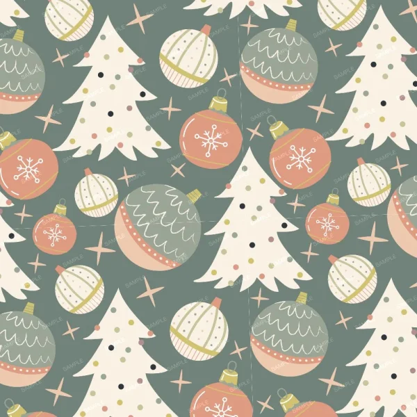 Patterned image with Christmas-themed illustrations featuring white trees and various holiday ornaments, including red, green, and white baubles with snowflake and stripe designs, set against a muted green background with scattered dots and stars.