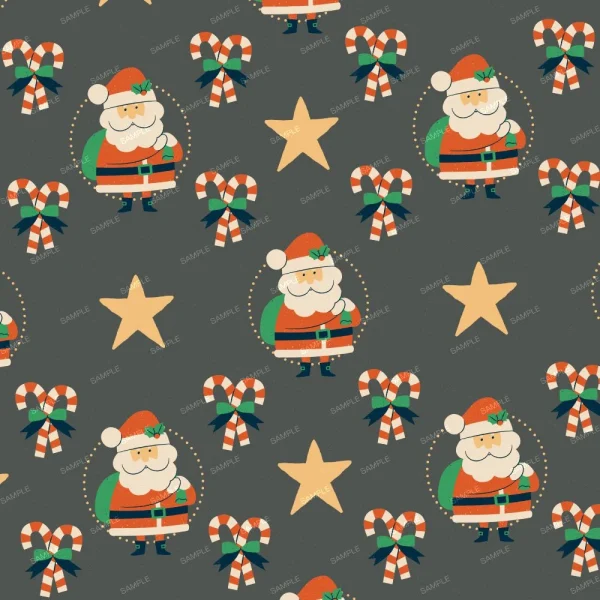 Pattern with cartoon Santas in red suits, stars, candy canes, and decorative bows on a dark background. The design repeats in a festive arrangement.