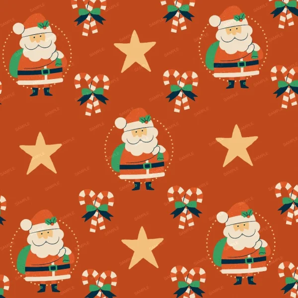 Patterned background featuring illustrations of Santa Claus, candy canes, bows, and stars on a red backdrop. The design is repetitive and festive.