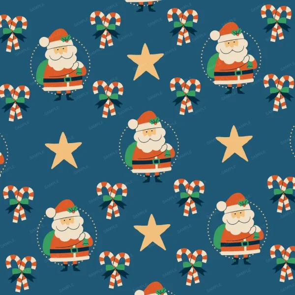 Patterned image featuring Santa Claus, candy canes tied with bows, and stars on a blue background. Santa is wearing his traditional red outfit with a green belt. Candy canes are in pairs and adorned with red and green bows.