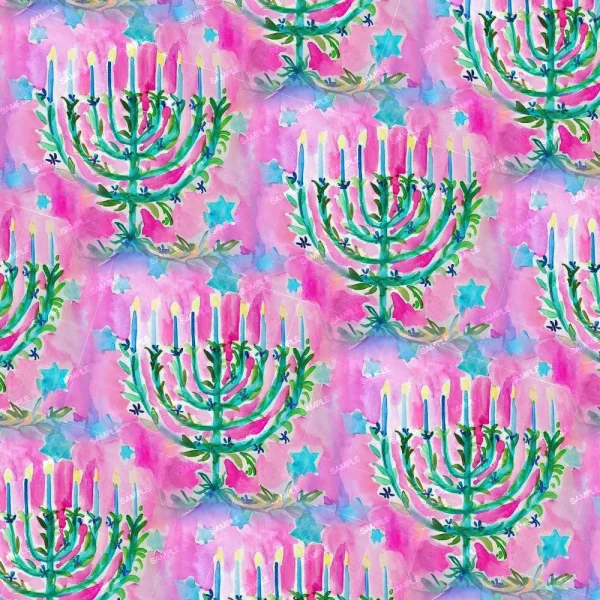 A colorful, repeated pattern of menorahs with pink and green accents, each adorned with lit candles, set against a watercolor-style background with pink and blue hues and star motifs.