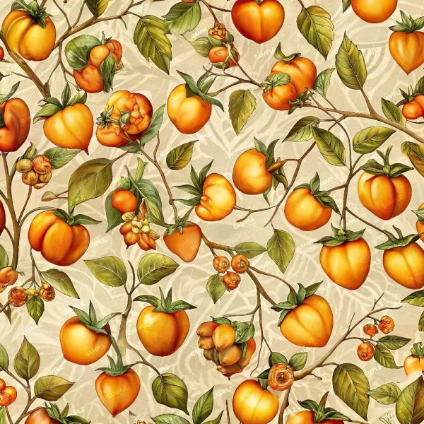 Pattern of illustrated orange persimmons and green leaves on intertwined branches against a beige background.