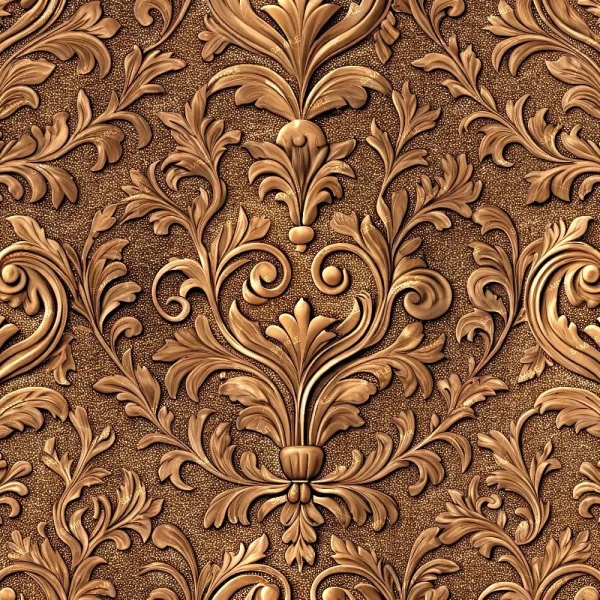 Ornate gold floral patterns and swirling motifs on a textured background create a luxurious, classic design. The intricate leaves and curves form a symmetrical and elaborate decorative arrangement.