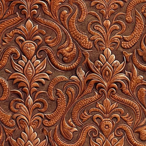 Ornate embossed pattern on a copper-colored surface featuring intricate floral and leafy designs. The repeating motif showcases swirling forms and detailed textures, creating a rich and luxurious appearance.