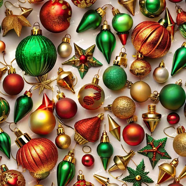 A collection of various Christmas ornaments in red, green, and gold displayed against a white background. The assortment includes spherical, star-shaped, and teardrop decorations, some with glitter and intricate designs.