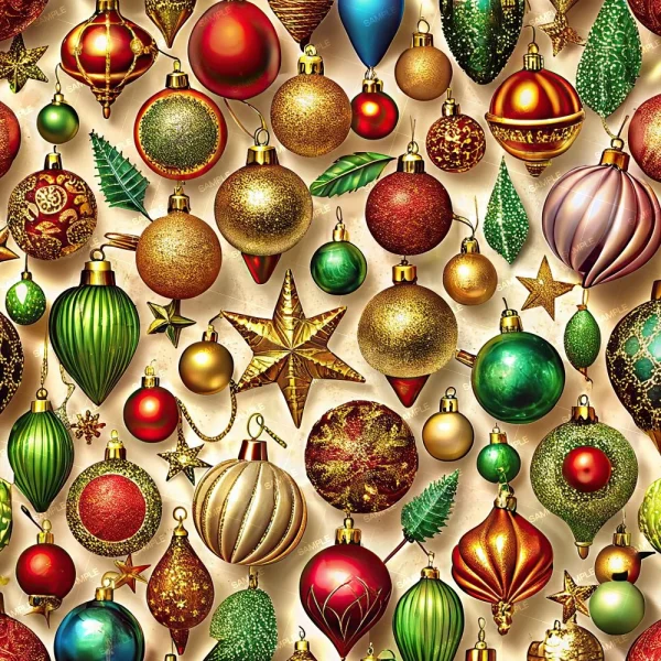 A festive arrangement of various colorful Christmas ornaments, including red, green, and gold baubles, stars, and leaves on a golden background. The ornaments are decorated with glitter, stripes, and detailed patterns.