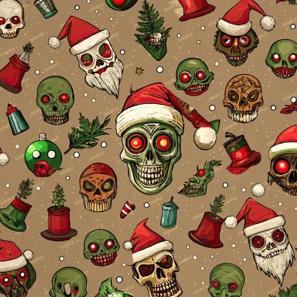 Patterned illustration featuring various colorful skulls, some adorned with Santa hats. Other elements include Christmas ornaments, snow, stars, trees, a smoking pipe, and a mug. The background is a light brown color.