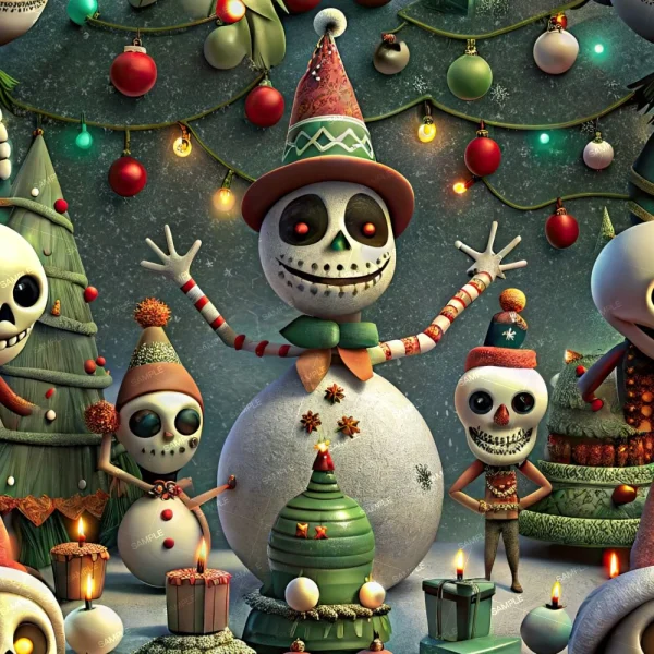 A festive holiday scene with skeletons dressed as snowmen and elves. They are surrounded by decorated Christmas trees, gifts, and lit candles. Colorful lights hang in the background, adding a cheerful atmosphere.