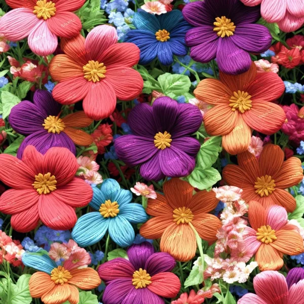 A colorful array of artificial flowers featuring shades of red, orange, purple, and blue with yellow centers, surrounded by green leaves and smaller pink and blue flowers.