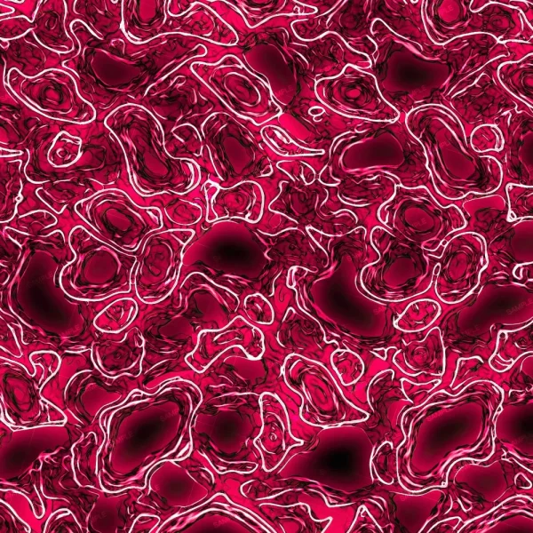 A vibrant abstract pattern featuring swirling red and pink shapes with white outlines. The design has a fluid, organic appearance, resembling liquid ripples or stylized topographical lines, creating a dynamic visual texture.