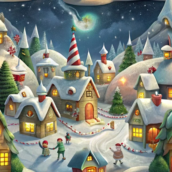 A whimsical winter scene depicting a snowy village at night. The village is illuminated by glowing windows and decorated with festive lights. Snow-covered houses with pointed roofs are surrounded by trees, and a crescent moon glows in the starry sky.
