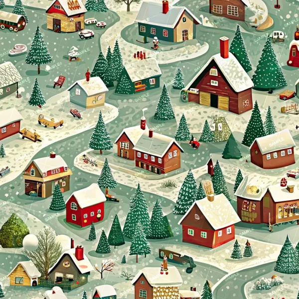 Illustration of a snowy village with winding roads, houses decorated for winter, and snow-covered evergreen trees. Various winter activities are depicted, including snowmen, sledding, and people walking. The scene is festive and colorful.