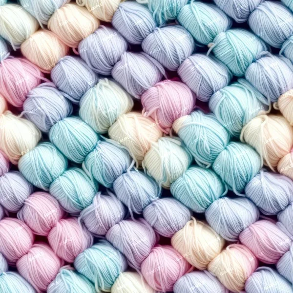 A collection of pastel-colored yarn balls arranged closely together. The colors include shades of pink, purple, blue, and cream, creating a soft and harmonious pattern.