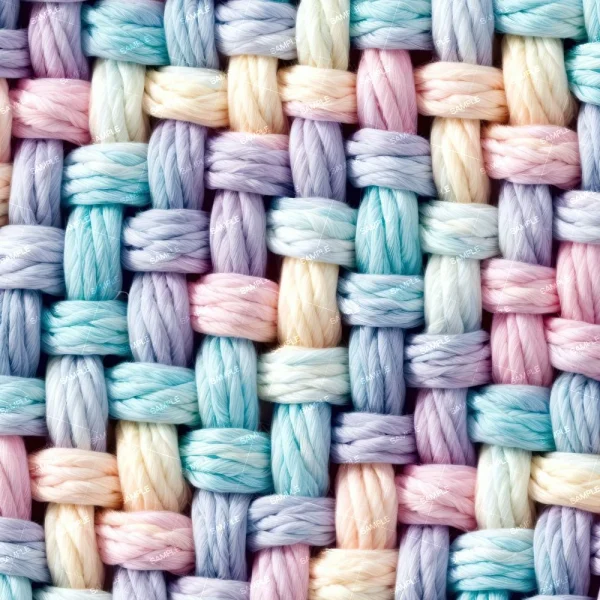 Close-up of a woven texture made from thick strands of rope in pastel colors, including pink, blue, purple, and cream. The ropes are tightly interlaced, creating a checkered pattern. The surface appears soft and plush.