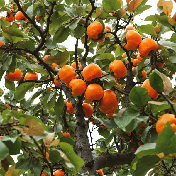 A tree heavily laden with ripe, orange persimmons surrounded by lush green leaves. The branches are dense with fruit, and the leaves appear healthy and vibrant. The sky is visible through gaps in the foliage.