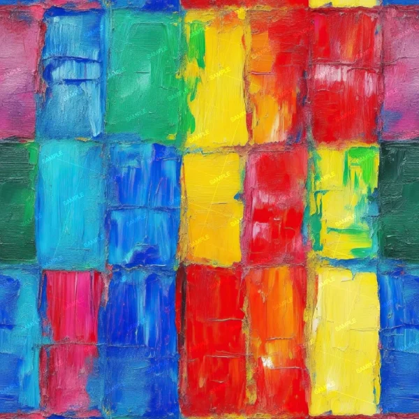 A colorful abstract painting featuring a grid-like arrangement of vibrant, textured rectangular blocks. The colors include various shades of blue, red, yellow, green, and purple, blending together with visible brushstrokes.