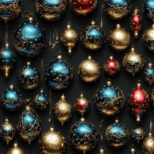 A variety of Christmas ornaments are displayed against a dark background. The ornaments are blue, gold, and red, featuring intricate swirl patterns. They are oval and spherical in shape, with attached hooks for hanging.