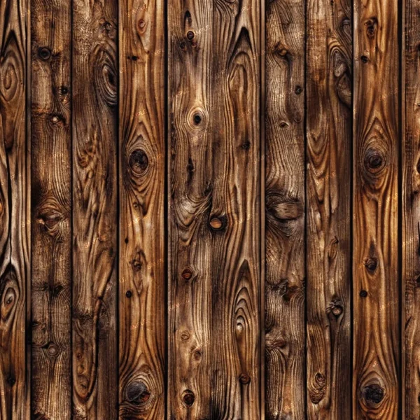 Close-up of the Reclaimed Wood Wall, featuring vertical planks with unique grain patterns, knots, and deep brown hues that contribute to a rustic look. The wood displays its natural texture and color variations beautifully.
