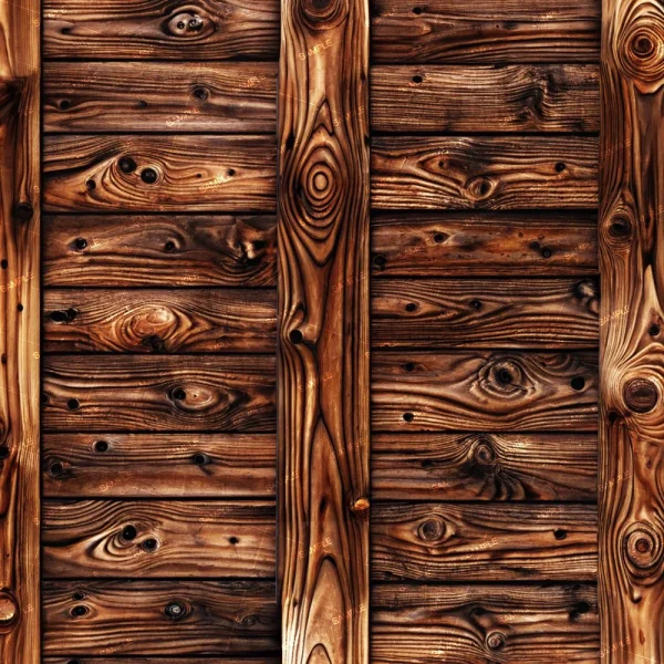 Close-up of the Reclaimed Wood Wall (Copy) highlighting vertical panels with a natural, weathered texture. The surface displays prominent knots and grain patterns in varying shades of brown, creating a rustic appearance.