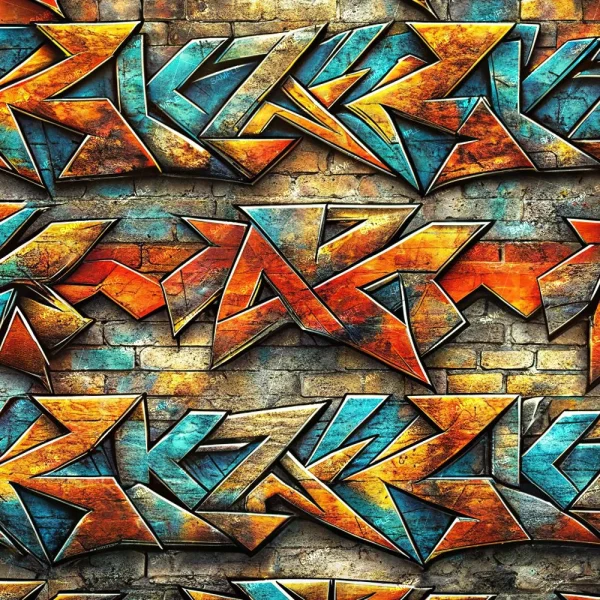 The Lilly Menorah 22 (Copy) showcases striking graffiti art with geometric designs and bold outlines in vibrant orange and blue against a brick wall backdrop, featuring dynamic patterns with sharp angles and layers.