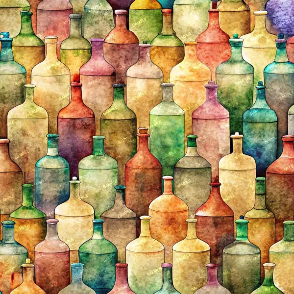 The Lilly Menorah 22 (Copy) features a lively design with an array of watercolor-style bottles in different shapes and sizes. These bottles showcase a spectrum of colors such as purple, green, blue, orange, and yellow, resulting in a mosaic-like appearance.