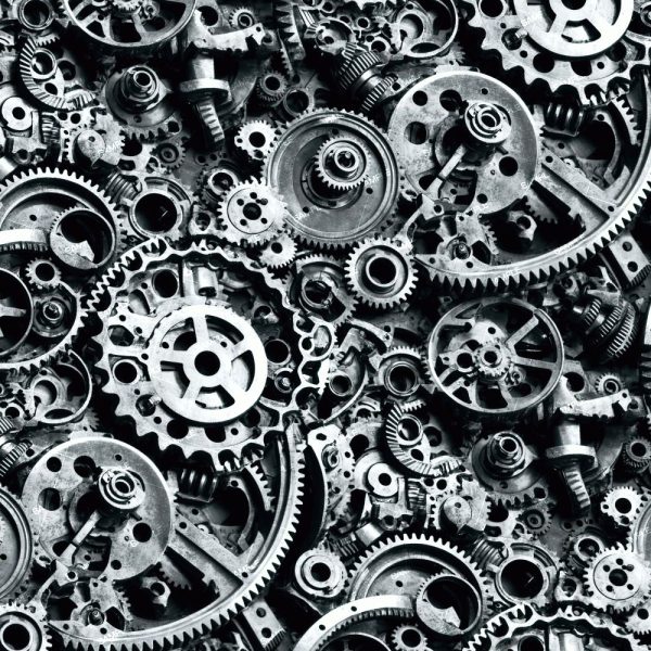 The Steampunk Fantasy Machine 42 (Copy) features a dense, monochromatic arrangement of various gears and mechanical components, including cogs, springs, and screws. This intricate assembly forms a complex pattern that showcases different sizes and shapes in a textured, industrial style.