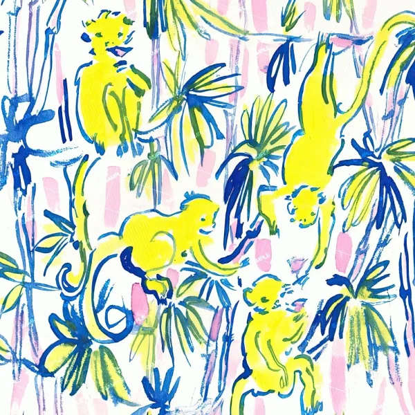 Introducing our Vintage Watercolor Bottles, featuring a lively and vibrant illustration of cheerful yellow monkeys playfully interacting amidst abstract blue and green trees against a backdrop of pink stripes. The scene comes alive with whimsical brushstrokes!